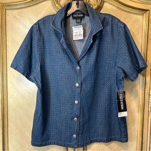 Blue Denim Dotted Dot Short Sleeve Silver Front Button Shirt NEW NWT